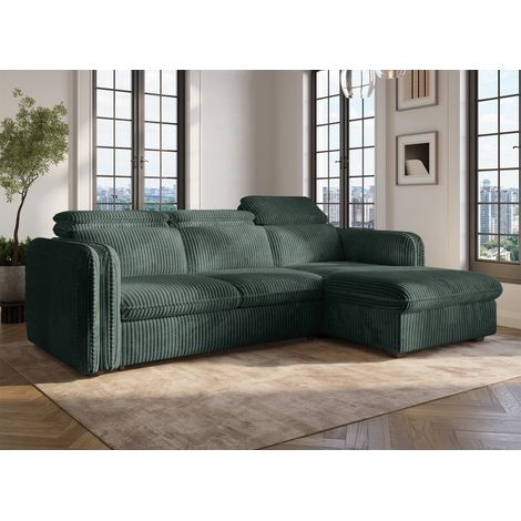 Deco In Paris – Canapé d'angle convertible velours côtelé épais vert – 2 places – Largeur 238 cm – Couchage 123x197 cm – Accoudoirs rembourrés (1/5)