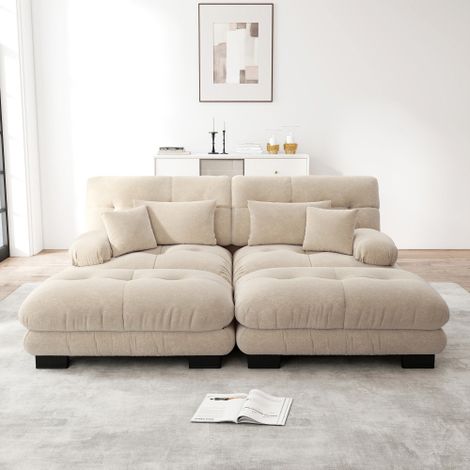 Cloud Ecksofa für Wohnzimmer, Chenille Doppelsofa mit 2 Lendenkissen und 2 Dekokissen, Polstersofa mit breiten Armlehnen und 2 Ottomans, Chenille Hellbraun 
WL