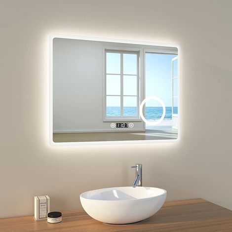 Miroir de Salle de Bain LED 90 x 70 cm avec éclairage Blanc Froid Miroir Mural avec Interrupteur Tactile + Anti-buée + Horloge IP44 Énergie IP44 (1/5)