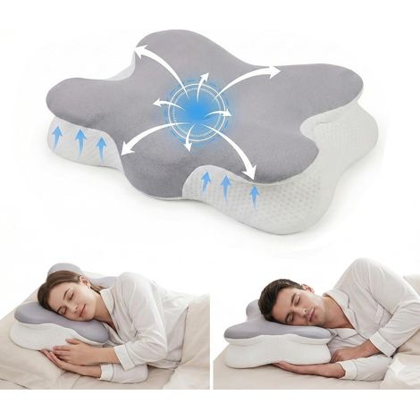 Oreiller Ergonomique Cervical, Coussin Mémoire de Forme pour Nuque et Épaules, 2 Hauteurs Réglables, Oreiller Papillon pour Dormir sur Le Côté et Le Dos, 65x37,9x13,3cm