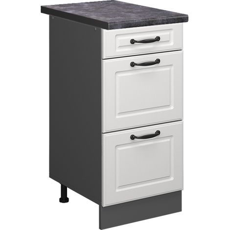 Mobiletto base per cucina R-Line, Bianco casa di campagna, 40 cm con cassetti, PL Antracite, Vicco