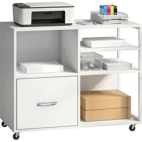 Meuble Support Imprimante Mobile Desserte de Bureau à Roulettes 4 Étagères Tiroir A4 Plateau 80x40 cm Blanc (1/5)