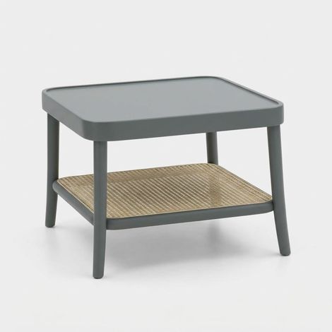 Tavolino basso quadrato in legno laccato con ripiano in paglia di Vienna Thomas - Grigio (1/5)