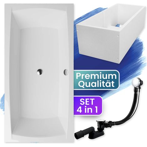 Badewanne Rechteck 140x70 mit Wannenträger, Ablaufgarnitur & Füßen GRATIS - Komplettset 4in1 Original Acryl Wanne Siphon - BADLAND APRI (1/5)