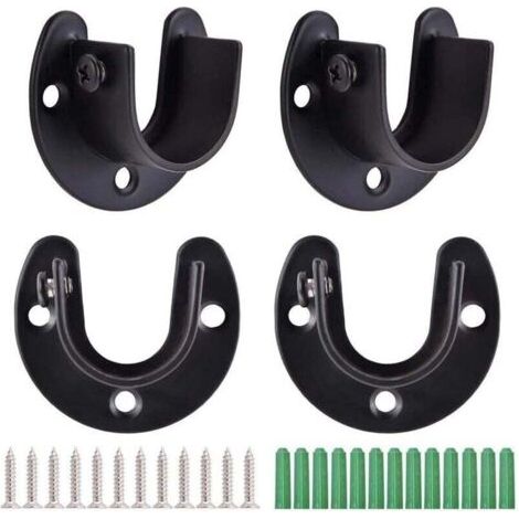 4Pcs Tringle à Rideaux en Forme de U, Support de Tringle à Penderie à Rideaux, Douilles de Poteau de Penderie en Acier Inoxydable, Support de Bride, Extrémité de Tige de Penderie avec Vis, Noir