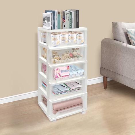 Plastic Storage Drawers Unit, 5 Drawer Clear Storage Cabinet on Wheels, Multipurpose Organizer for Clothes Toys Kitchen Home Office Use, 15.7x13x38.6in White (1/5)