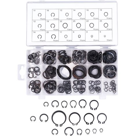 Kit de 225 pièces comprenant des circlips, anneaux élastiques et fixations pour machines et véhicules. (1/5)