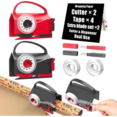 outil de coupe papier cadeau distributeur de ruban double usage lot de 2 pièces avec 4 rouleaux de ruban 2 lames de rechange pour emballage de noël (1/5)