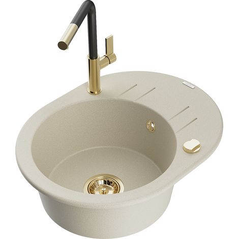 Mexen Kevin 1 Becken-Granitspüle mit Abtropffläche und Mischbatterie Flora, Beige - 6517-69-670401-5 (1/5)