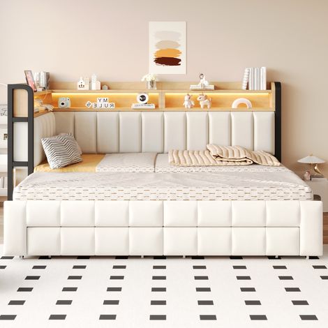 Canapé-lit 90/180 × 200 cm avec lit gigogne, tiroirs de rangement, étagère et compartiments de rangement, éclairage LED, ports USB et Type-C, revêtement en velours beige (1/4)