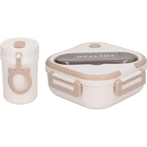 Boîte à lunch minimaliste, mignonne et portable, étanche, avec gobelet, baguettes et cuillère, idéale pour les étudiants et le travail, couleur abricot. (1/5)