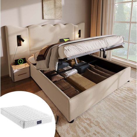 letto contenitore 160x200 con USB lampada beige OKMYHOME (1/5)