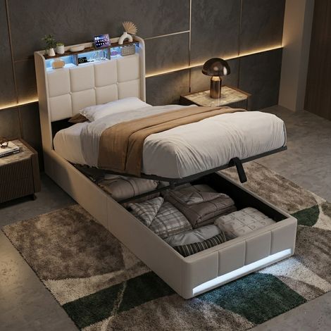Lit coffre 90x200, lit 90x200 avec sommier, lit adulte, avec LED, charge USB/Type-C, tête de lit avec rangement, tissu en lin, beige (1/5)