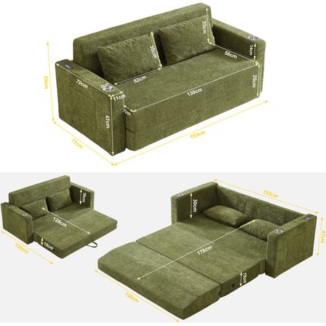Canapé convertible 2 places vert avec USB, porte-gobelets et poches latérales HAVRYA (1/5)