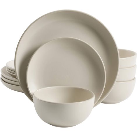 Service de table rond en grès pour 4 personnes (lot de 12) Crème (1/5)