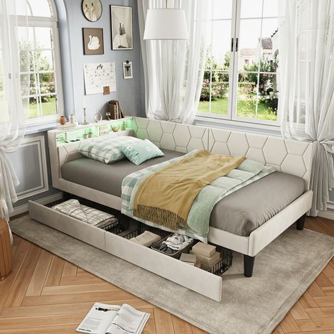 Lit 90x200 cm, fonctions chargement USB et Type-C, Compartiment de rangement de chevet + 2 tiroirs - Cadre de lit avec accoudoirs, beige (1/5)