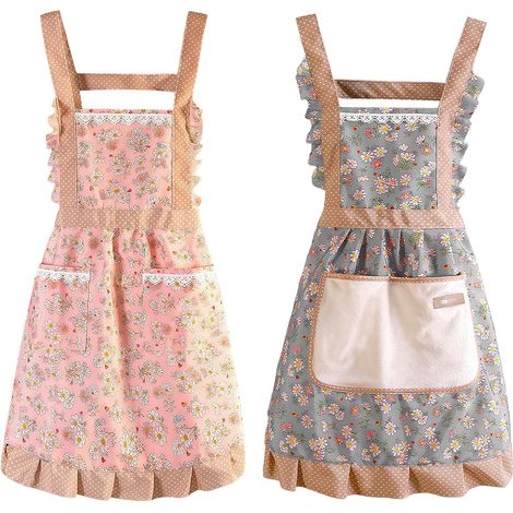 2 Pièces Tablier de Cuisine Femme, Réglable Tablier de Chef avec 2 Poches Tabliers de Cuisine à Fleurs pour Cuisine Pâtisserie Jardinage Barbecue (1/5)