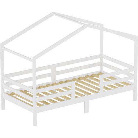 Cama cabaña infantil 90 x 200 cm de pino blanco con somier de láminas y barrera 3 lados (1/5)