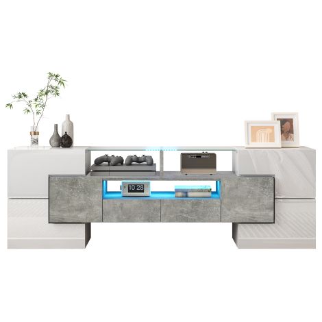 Meuble TV 145 cm blanc brillant LED plateau verre design moderne