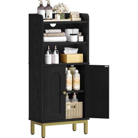 Mobile da Bagno, mobile bagno, con 2 Ripiani Aperti Regolabili e 2 ante, per Bagnos, Soggiorno, Ingresso, Cucina, Nero (1/5)
