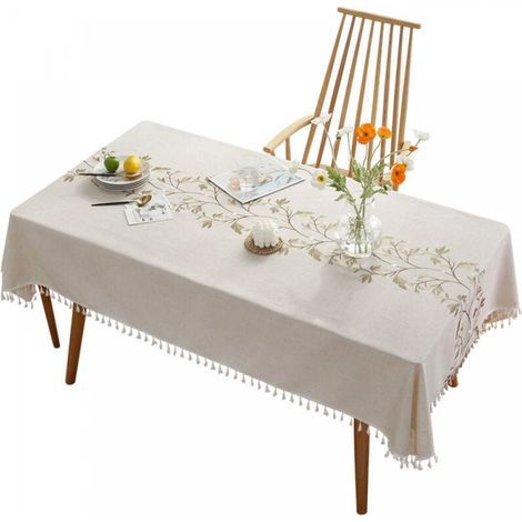 140 x 200 cm Rectangular Cotton Linen Tablecloth - Washable - Dirt-Repellent - with Tassels - for Kitchen, Dining Room, Picnic, Outdoor, Garden - Khaki Leaves (1/5)