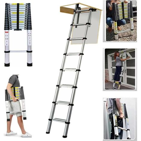 échelle télescopique de 8,5 pieds, échelle télescopique en acier inoxydable, échelle de grenier portable, adaptée à la maison et à l'extérieur, portant 330 livres