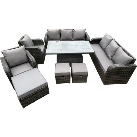 Fimous Osier PE rotin Set de meubles de jardin d'extérieur réglable en hauteur table à manger et canapé avec chaise longue 3 repose-pieds gris foncé Mix (1/5)