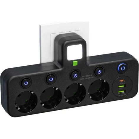 Multiprise Murale avec 4 Prises EU, 2 Ports USB, 1 Port Type C, Interrupteurs Individuels (4 Prises Noir) (1/5)