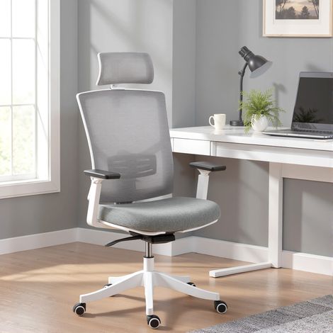 Respirante - Chaise de bureau ergonomique gris maille, soutien lombaire 4D, accoudoirs 3D, appuie-tête, basculante (1/4)