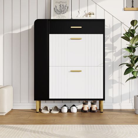 Meuble à chaussures compact sur pieds – 2 compartiments basculants, 1 tiroir et 3 étagères ouvertes – Idéal pour entrée et couloir – Dimensions 80 × 24 × 105 cm – Noir et blanc (1/5)