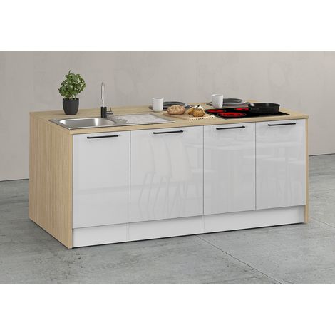Îlot de cuisine moderne 200 cm blanc brillant/chêne Louna (1/5)