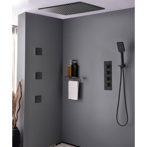 Kroos – Douche pluie encastrable plafond noire – Pommeau carré 20cm – 3 jets massants – Acier inoxydable et laiton – Mitigeur thermostatique
