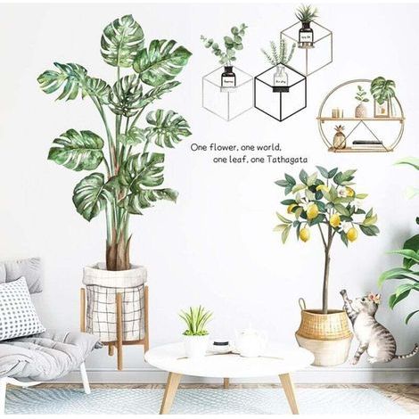 Adesivi murali con foglie verdi e piante tropicali, adesivi murali con palme, decorazioni murali con gatti e alberi di limoni per camera da letto, soggiorno, aula, ufficio, arredamento per la casa. (1/4)