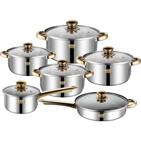 12-teiliges Edelstahl-Kochgeschirr-Set mit goldenen Griffen, bestehend aus einer antihaftbeschichteten Bratpfanne und einem Wasserkocher (12-teiliges Gold-Set mit Suppentopf).