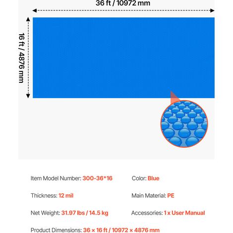 VEVOR Solar Pool Cover, 36 x 16 ft Rectangle Pool Bubble Cover, 12 Mil Pools Solar Blanket with Bubble & PE Material, Daytime Heat Absorption, Nighttime Heat Retention, Heat Retaining Solars Covers, B (1/4)