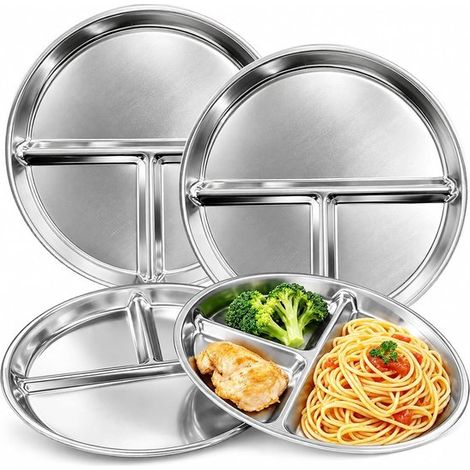 Assiettes rondes à 3 compartiments 4 pièces – Assiettes portionnées en acier inoxydable 20 cm – Pour enfants cantine repas et usage domestique (1/5)