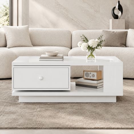 Couchtisch 90x48x35 cm Weiß MDF mit drehbarer Schublade für Wohnzimmer – MEUBLIV (1/5)