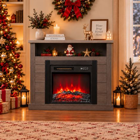 HOMAVO Cheminée électrique grise 18" avec meuble, 900/1800W, flamme 3D 7 couleurs, télécommande, minuterie 1–8h, rangement