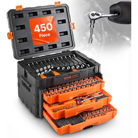 Rangement portable, coffret d'outils mécanicien 450 pièces, kit de douilles SAE/métrique pour réparation auto (1/5)