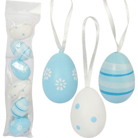 Set di 6 uova di Pasqua decorative blu e bianche da 5 cm - Ciondoli con motivo floreale (1/4)