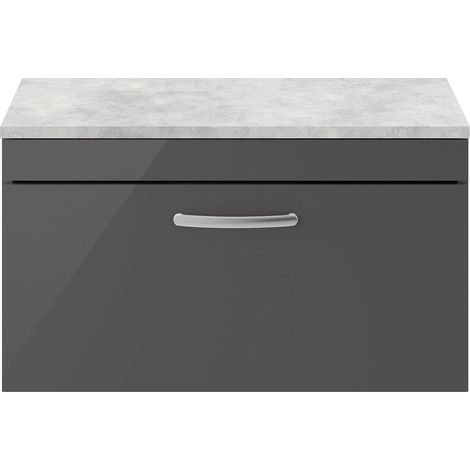 Millwich Contemporary 1 Drawer Wall Hung Vanity Unit with Laminate Black Galaxy Granite Worktop, Gloss Grey, 800mm