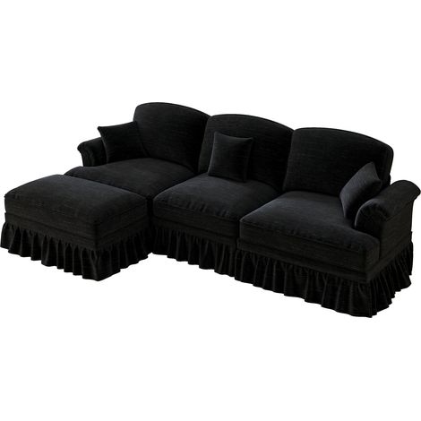 Divano letto 3 posti, Design curvo, Gambe a fuso Comodo, rivestimento chenille nero per soggiorno (1/5)