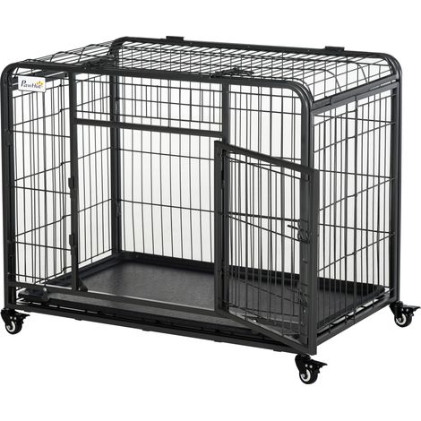 Box Kennel per Cani Pieghevole 94x58x69.5 cm a Doppia Porta con Blocco 4 Ruote e Fondo Rimovibile Grigio