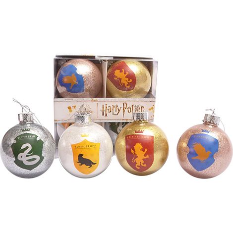 Ciao- Set 4 sfere decoupage ornamentali Harry Potter Casate Hogwarts Glitter (Ø8cm) originali Wizarding World con nastro in tessuto per albero di Natale in giftbox (1/3)