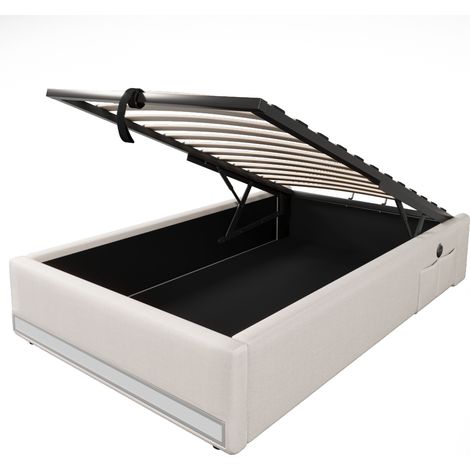 Letto imbottito 90x200 cm beige con LED, USB e Type-C, contenitore idraulico (1/5)