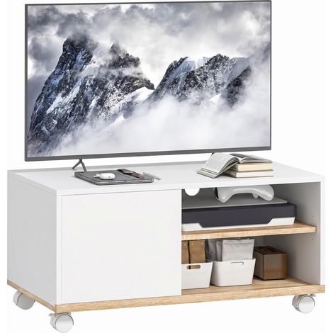 Meuble TV sur roulettes avec freins, comprenant un placard et une étagère réglable, blanc et chêne. (1/5)