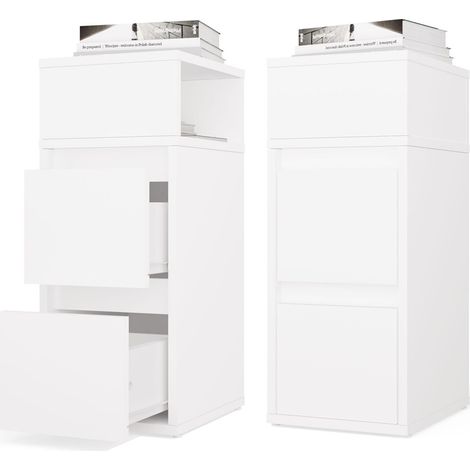 Comodino stretto con 2 cassetti e un ripiano, Bianco, 27 x 32 x 65 cm (1/5)