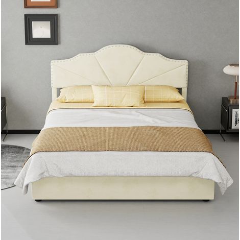 Bett modern gepolstert Stoff Beige 140x200 cm mit geometrischem Kopfteil und Matratze inklusive