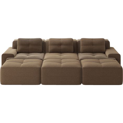 Canapé d’angle modulable 3 places marron, convertible en velours côtelé avec 3 poufs, assise profonde et mousse 32D (1/5)