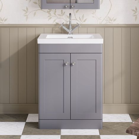 Nuie Classique Floor Standing 2-Door Vanity Unit with 1TH Contemporary Basin 600mm Wide - Satin Grey (1/5)